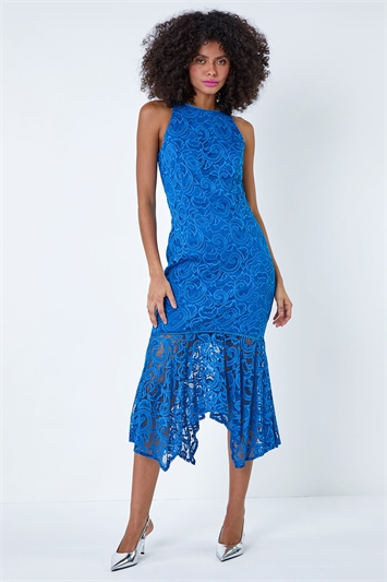 Blue Sleeveless Stretch Lace Midi Dress