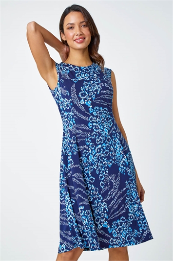 Blue Animal Textured Puff Print Stretch Dress