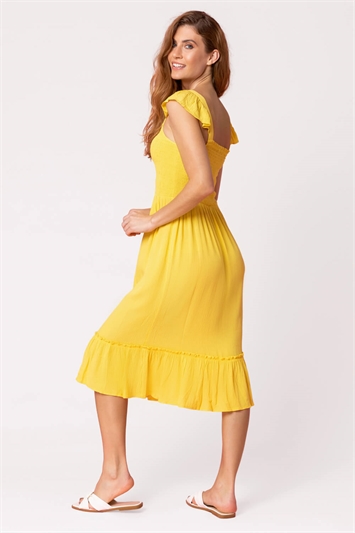 Yellow Shirred Bodice Frill Detail Midi Dress, Image 2 of 4