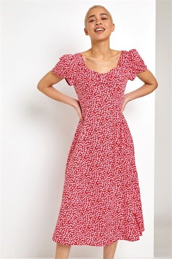 Red Ditsy Floral Bow Detail Midi Dress, Image 4 of 5