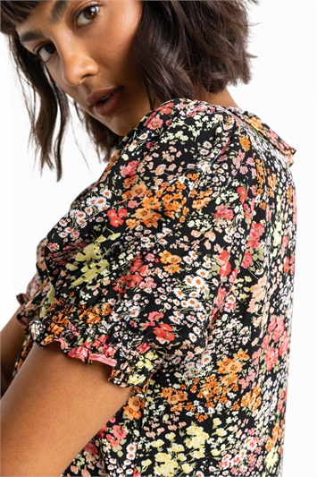Pink Floral Print Frill Detail Blouse, Image 6 of 6