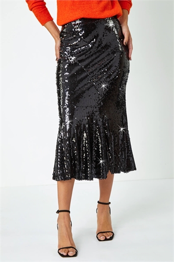 Black Sequin Embellished Fluted Midi Skirt