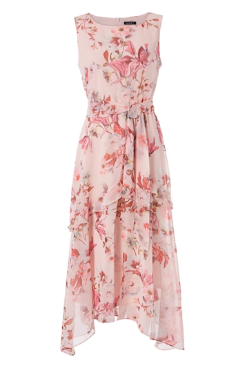 Floral Print Frill Midi Dress in Pink - Roman Originals UK