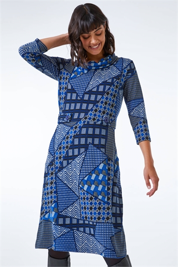 Blue Patchwork Cowl Neck Button Detail Dress