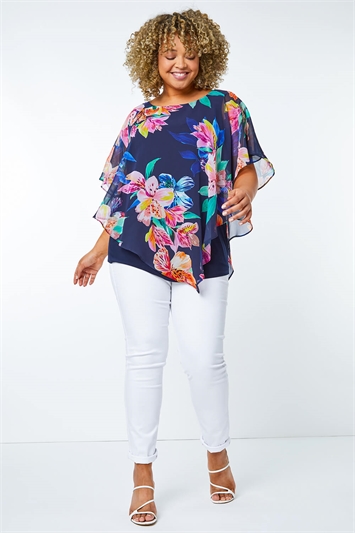 Navy Curve Floral Chiffon Overlay Top , Image 2 of 5