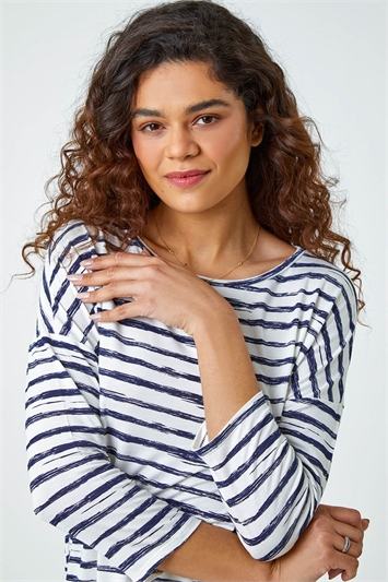 Blue Abstract Stripe Print Stretch Top