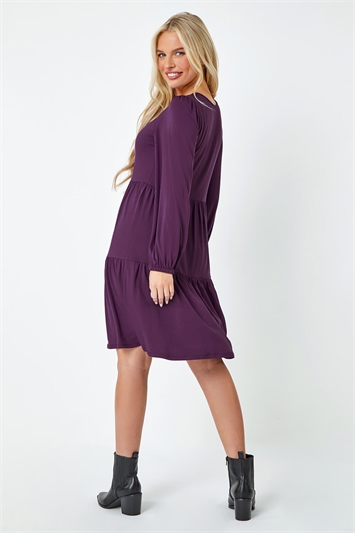 Purple Petite Plain Tiered Stretch Dress