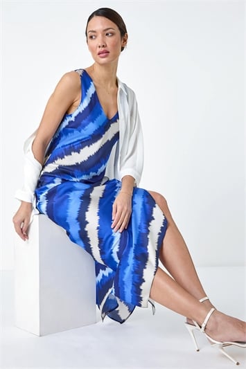 Blue Stripe Print Satin Bodycon Midi Slip Dress