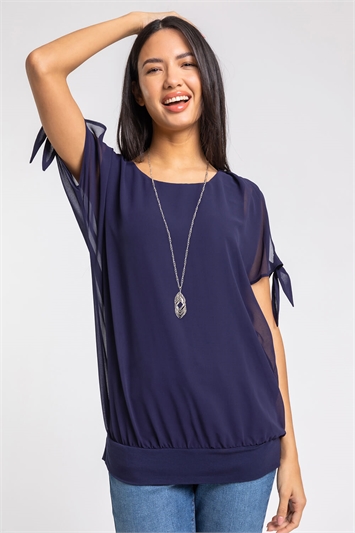 Navy Chiffon Layered Tie Detail Top With Necklace, Image 5 of 5