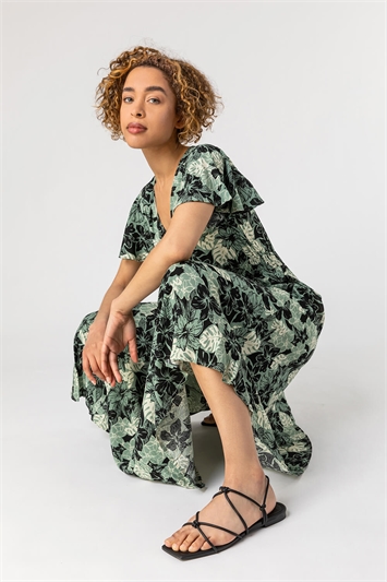 Green Floral Print Tiered Maxi Dress, Image 5 of 5