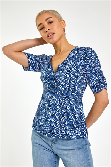 Royal Blue Ditsy Spot Button Detail Top, Image 1 of 5