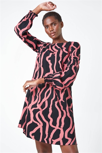 Red Abstract Line Print Swing Dress