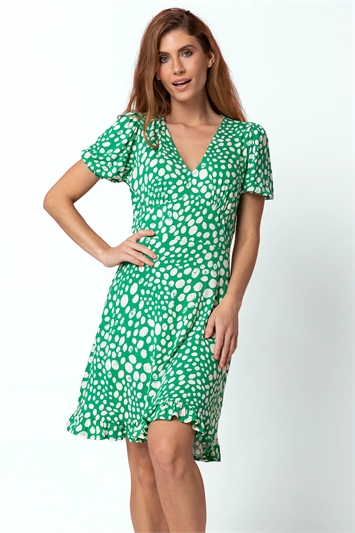 Green Ditsy Spot Frill Detail Tea Dress