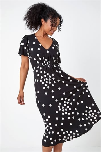 Black Petite Polka Dot Stretch Midi Dress