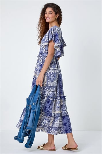 Blue Patchwork Print Tiered Wrap Maxi Dress