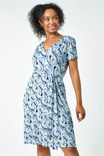Blue Petite Swirl Print Jersey Wrap Dress