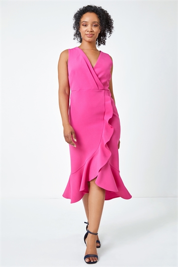 Pink Petite Sleeveless Frill Hem Wrap Dress