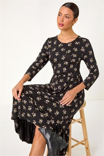 Black Floral Print Frill Hem Stretch Midi Dress