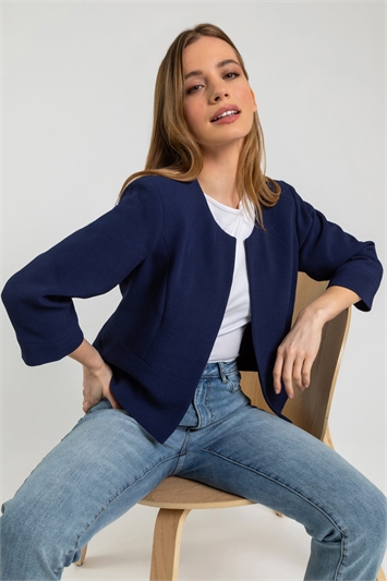 Navy Petite Textured Cropped Jacket, Image 5 of 5