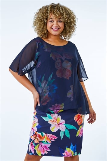Navy Curve Chiffon Overlay Floral Dress, Image 1 of 5