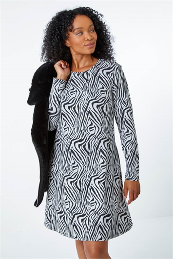 Black Petite Jacquard Zebra Print Swing Dress
