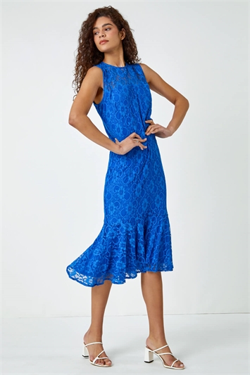 Blue Sleeveless Frill Hem Lace Midi Dress