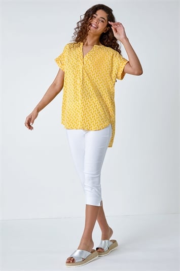 Yellow Abstract Print Woven Pleat Front V-Neck Top