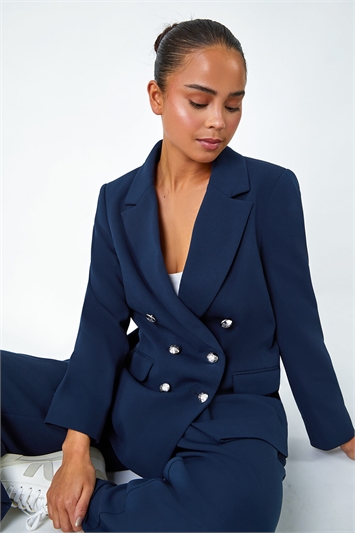 Blue Petite Double Breasted Stretch Blazer