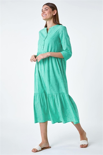Green Embroidered Tiered Cotton Midi Dress