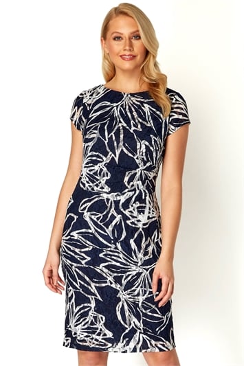 Blue Floral Side Ruched Lace Dress