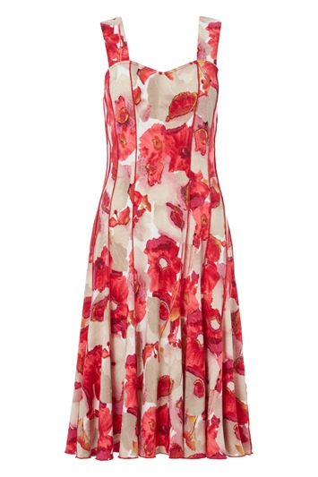 Red Floral Printed Panel Dress, Image 4 of 4