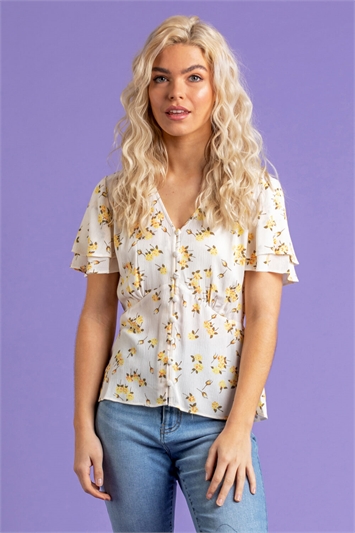 YELLOW Floral Print V-Neck Blouse, Image 5 of 5
