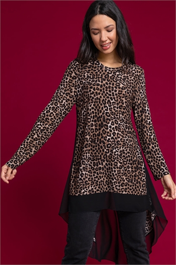 Animal Print Chiffon Hem Top in Black - Roman Originals UK