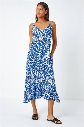 Blue Abstract Print Pocket Midi Dress
