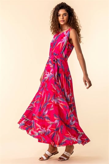 Red Tropical Print Pleated Dress