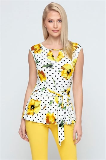 Yellow Spot Floral Tie Front Top