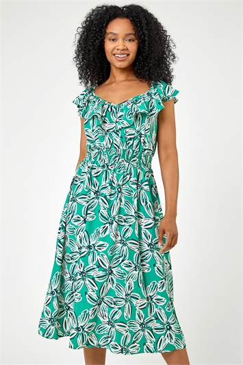 Green Petite Floral Shirred Waist Dress, Image 2 of 5