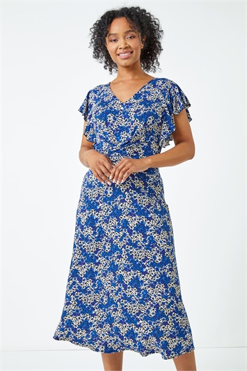 Blue Petite Twist Front Floral Dress