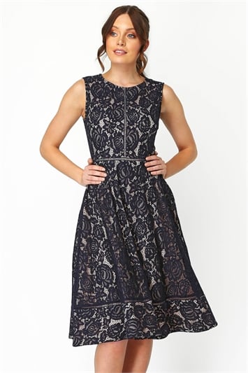 Navy Fit And Flare Lace Midi Dress, Image 1 of 5