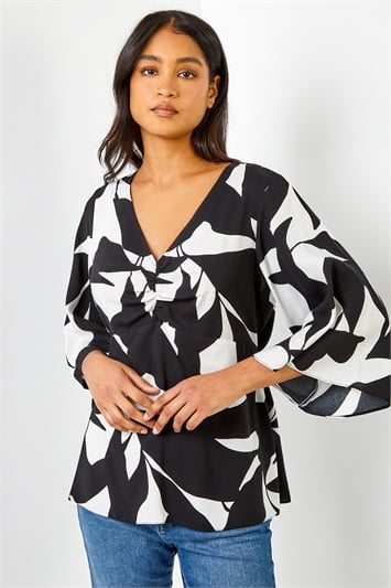 Black Contrast Floral Print Ruched Tunic Top, Image 1 of 6