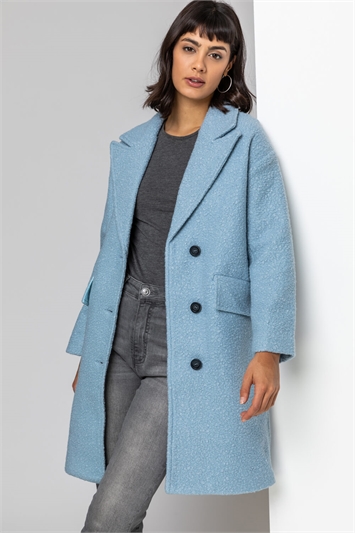 Light Blue Single Breasted Longline Textured Coat, Image 1 of 5