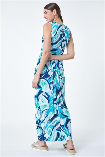 Blue Abstract Print V Neck Maxi Dress