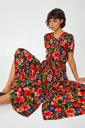 Red Floral Print Tiered Midi Dress
