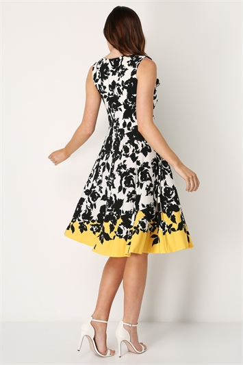 Fit and Flare Contrast Floral Dress in Yellow - Roman Originals UK