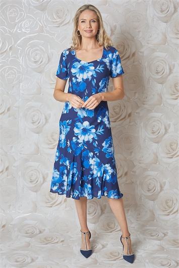 Blue Julianna Floral Bias Cut Midi Dress