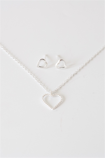 Metallic Sterling Silver Heart Pendant And Earring Set