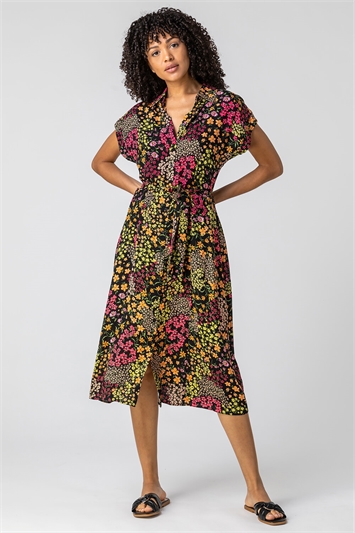 Multi Contrast Floral Print Shirt Dress, Image 3 of 5