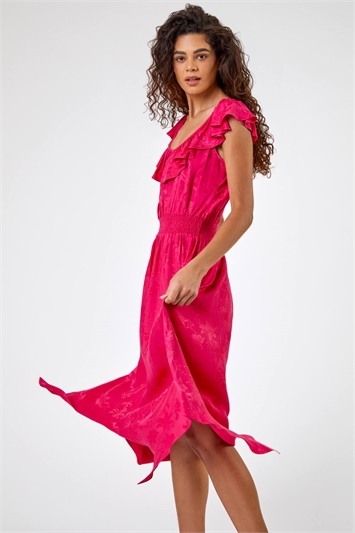 Pink Shirred Waist Ruffle Midi Dress, Image 4 of 5