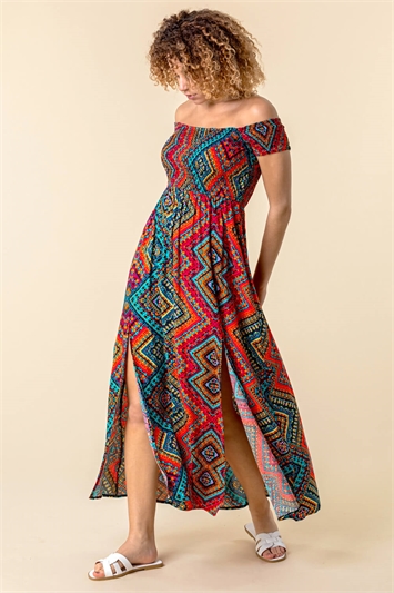 Multi Shirred Aztec Print Bardot Dress, Image 2 of 4