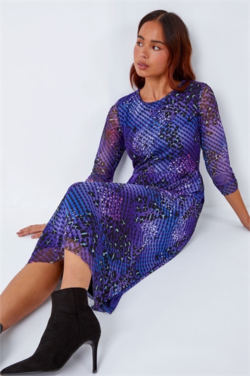 Purple Petite Abstract Print Midi Stretch Dress